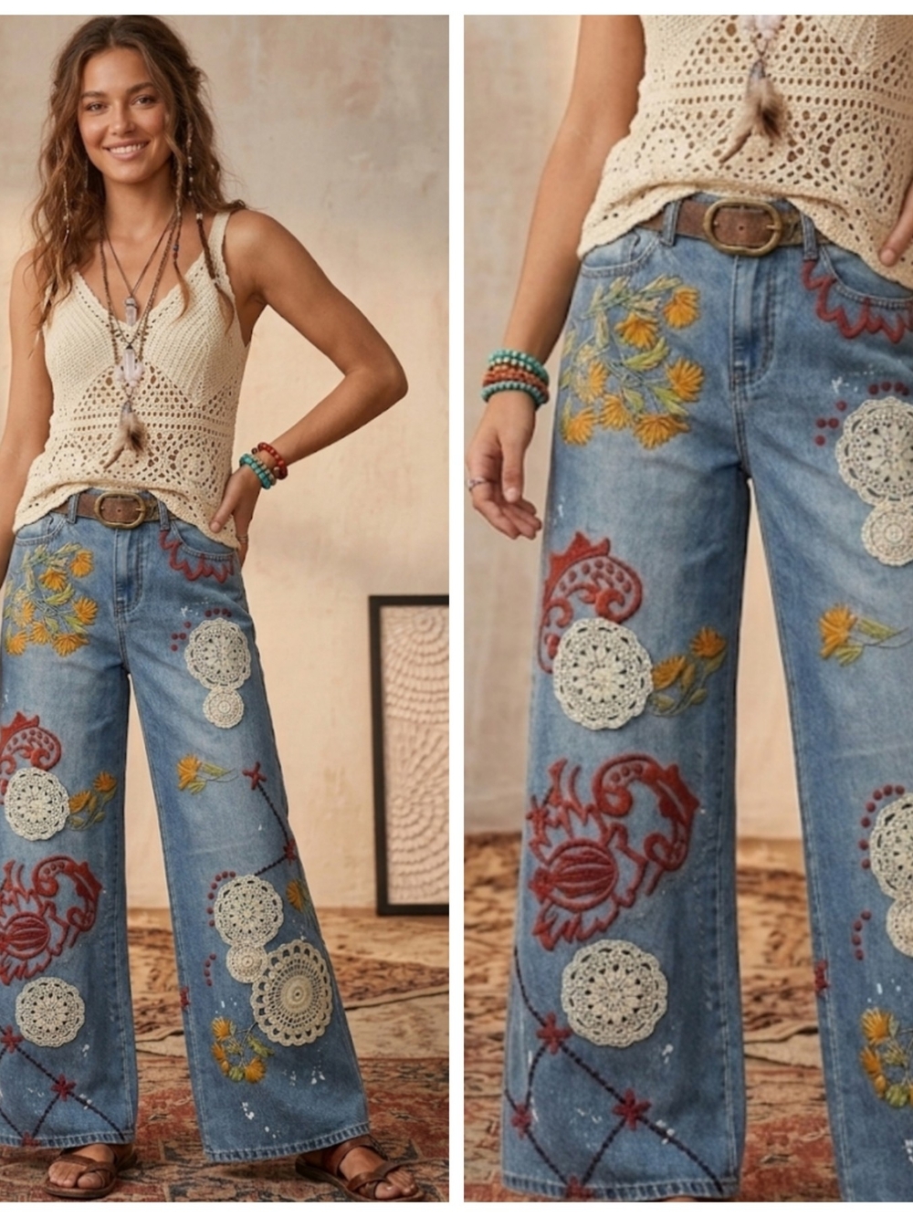 Embroidered Wide-Leg Blue Jeans with Crochet Appliqué